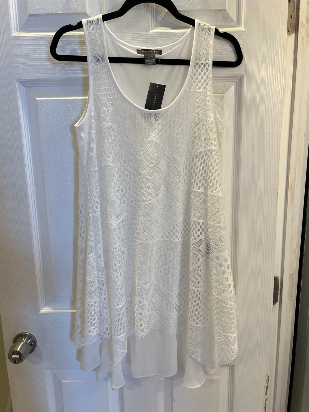 Suzy Shier White Asymmetrical Crochet Overlay Dress